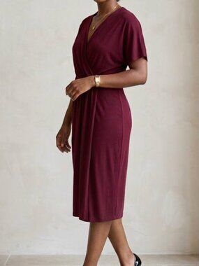 Zara Burgundy Wrap Draped Surplice Midi Dress SZ M
